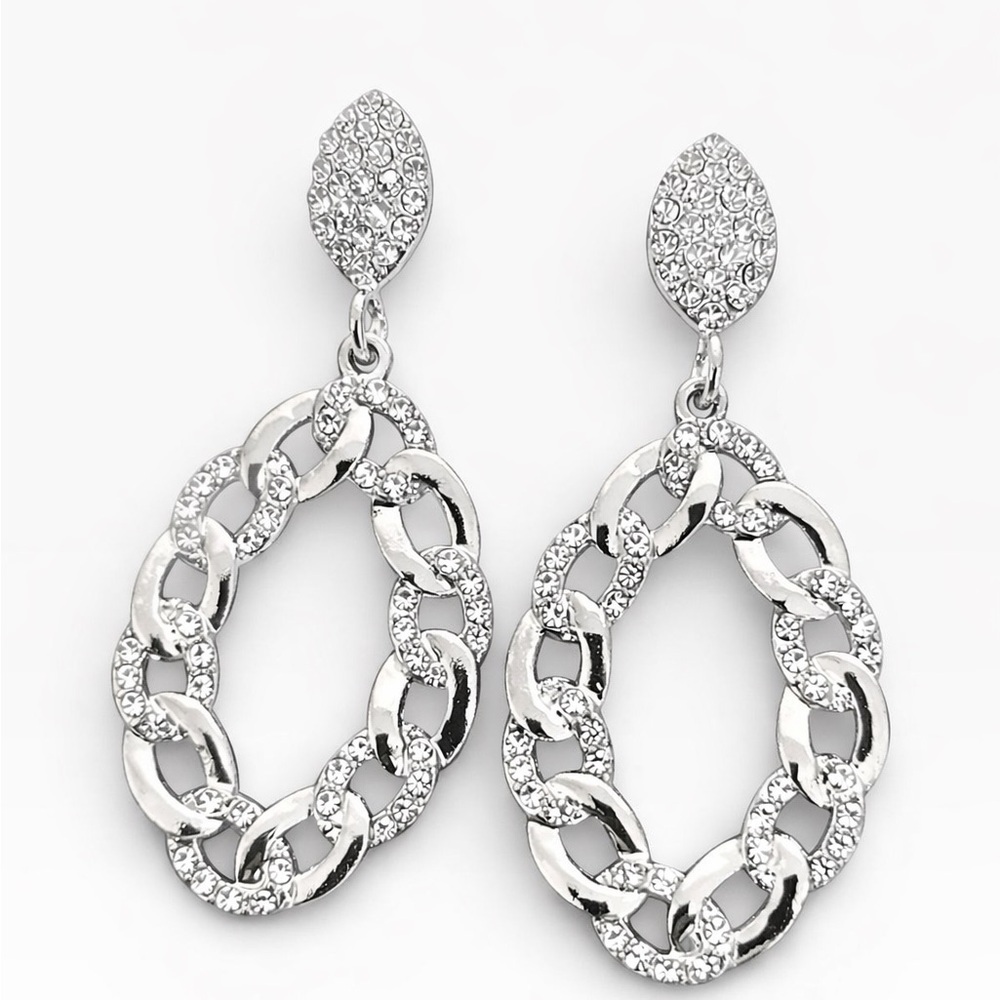 Tuckernuck Silver Crystal Pavé Chain Link Drop Earrings – 2.5” Statement Dangles